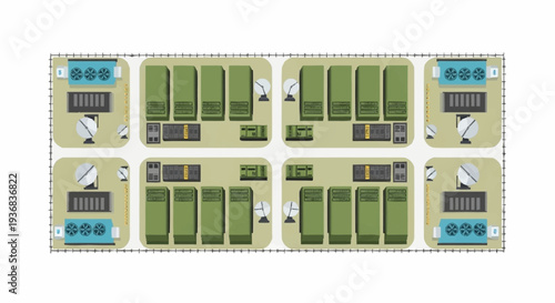 Top view of a solar farm with rows of solar panels and wind turbines.