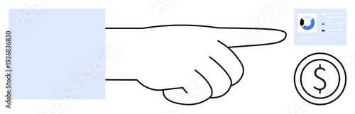 Financial concept. Hand pointing at finance dashboard and dollar symbol to money management. Financial strategies, budgeting, investments, data analysis, economy visualization