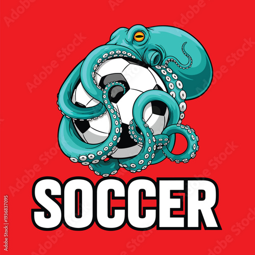 Dynamic octopus mascot illustration gripping soccer ball tightly, red background, vector sports graphic design