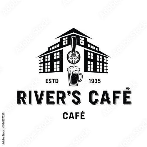 Vintage vector illustration of a traditional cafe or pub building with beer tap and mug