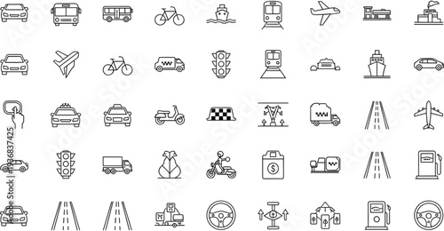 Collection of transportation and travel icons in flat design, vector illustration