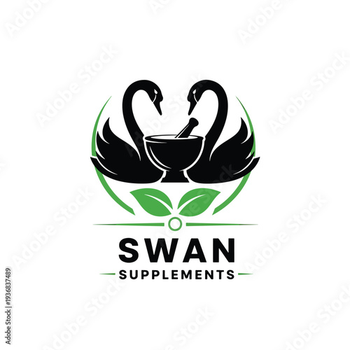 Elegant vector emblem of swans with mortar and pestle for natural health supplements