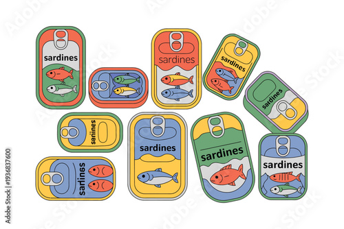 Sardine cans colorful illustration with fish and labels