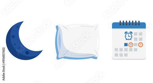 Crescent Moon Pillow and Calendar Icons Representing Sleep and Time.