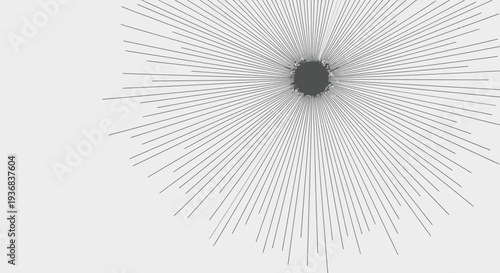 Abstract radial burst of thin dark lines emanating from a central dark circle against a light gray background, graphic design element