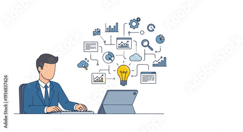 Businessman at a desk with a tablet visualizing a complex business strategy and innovative ideas through a flowchart of icons.