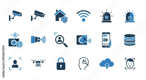 Set of blue two-tone icons for security systems surveillance and smart home technology.