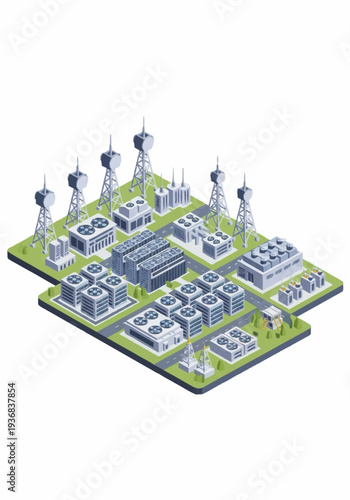 Isometric illustration of a futuristic city with towers and buildings.