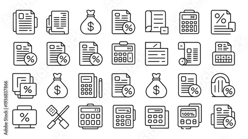 Finance icons set including money, calculator and document illustration