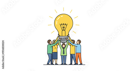 Group of People Holding Up a Glowing Lightbulb Symbol.
