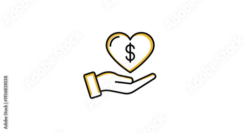 Simple outline vector graphic illustration depicting a charitable hand offering a heart shape containing a dollar sign symbolizing generosity and giving.