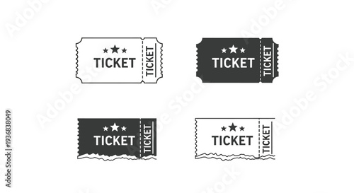 Collection of four distinct vector graphic ticket illustrations featuring varying styles with text and star icons perfect for event passes or coupons.