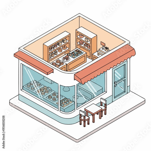Isometric illustration of a modern cafe with outdoor seating and interior display.