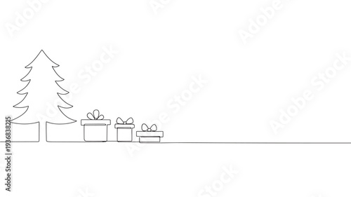 Tree and gift boxes hand drawn with single continuous line style on white background, festive holiday concept