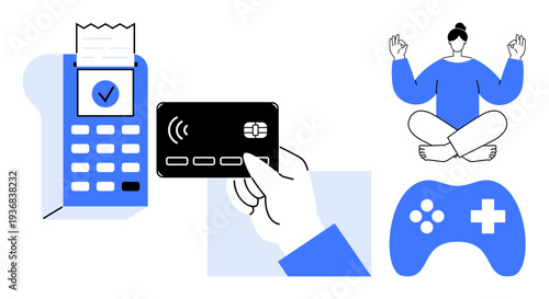 Contactless payment, digital mindfulness, leisure activities, financial technology, wellness, lifestyle choices. A hand holding a card, a meditating person and a game controller. Contactless payment