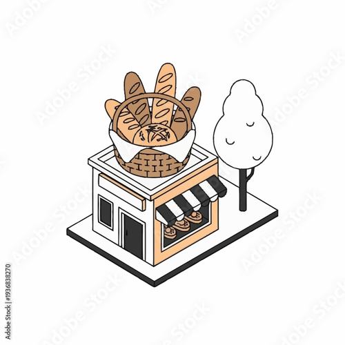 Cartoon cat resting on bakery shop with pastries.