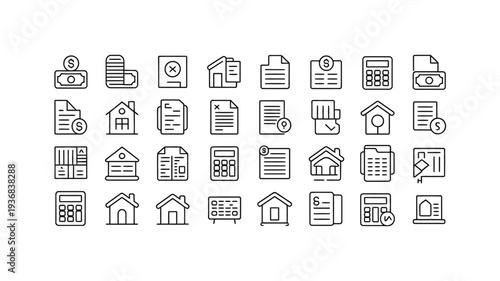 House icons with financial documents and calculators in line style