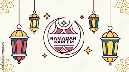 This colorful illustration celebrates Ramadan Kareem with detailed lanterns, shining stars, and a central diamond frame displaying the Arabic greeting. It's a festive design. high-quality professional