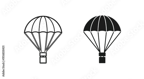 Simple vector graphic depicting two parachute icons, one with an outline design and the other a solid black silhouette, ideal for various digital projects and adventurous concepts.