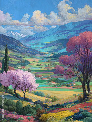 Spring landscape with trees, mountains, fields, flowers.  illustration.