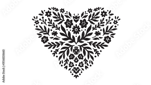 Heart floral ornament with leaves and flowers in black silhouette style featuring branches, design, element with pattern and decorative elements for