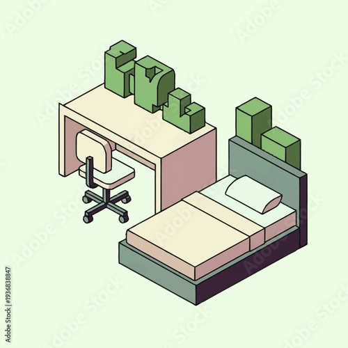 Isometric illustration of a cluttered bedroom with boxes on furniture.