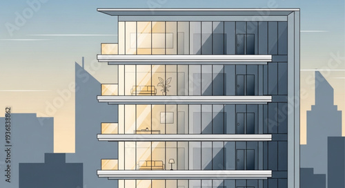 Modern Multi-Story Office Building with Glass Facade.