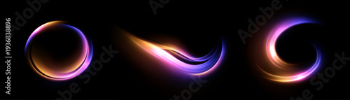 A set of glowing pink and blue neon rings and arcs with smooth light trails on a black background.