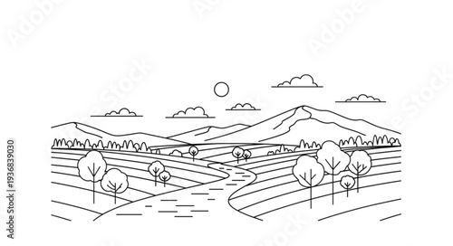 Scenic Landscape with Rolling Hills and Trees.