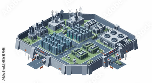 3D rendering of a large industrial facility with various buildings and equipment.