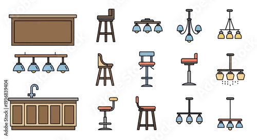 Vector Illustration of Bar Counters Stools and Chandeliers.