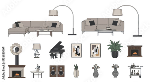 Collection of Modern Living Room Furniture and Decor Elements.