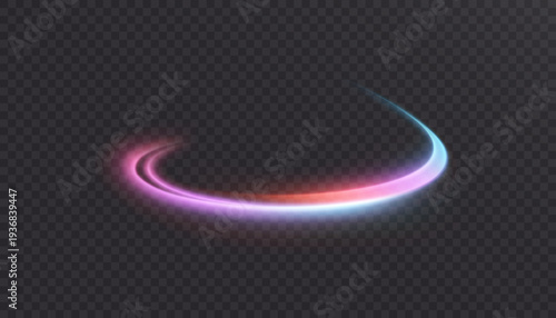 Abstract light effect of glowing line, bright swirl moving in circle on transparent background. Light flow speed effect. Vector	