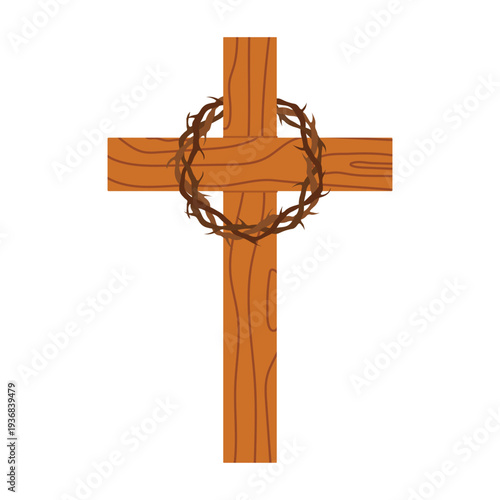 wooden cross with crown of thorns, christian symbol of crucifixion, faith, jesus christ passion, holy week, easter religious icon- vector illustration