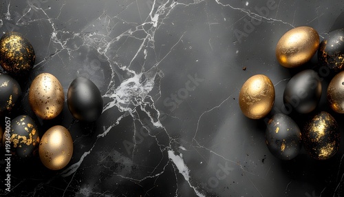 Elegant Easter Eggs in Black and Gold on Marble Background for Holiday Celebration and Decor