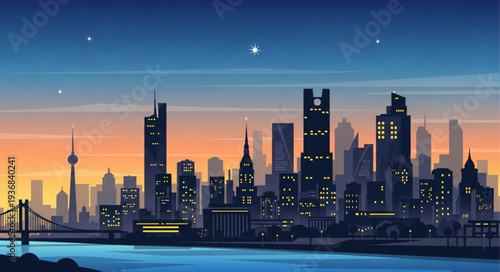 City Skyline at Sunset with Tall Skyscrapers and Tower.