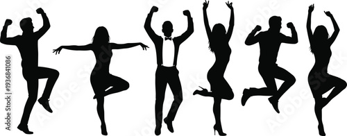 Dancing people silhouette vector set, jumping party dancers celebration poses, male and female dance figures isolated design