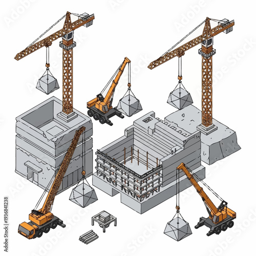 Isometric Construction Site with Cranes and Building Foundations.