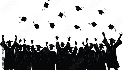 Graduation celebration silhouette vector, students throwing caps in the air, university graduation ceremony crowd isolated education concept illustration