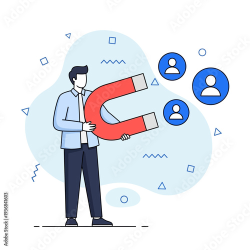 Business concept of attracting customers and leads with a magnet, illustrating customer acquisition and engagement strategies for growth