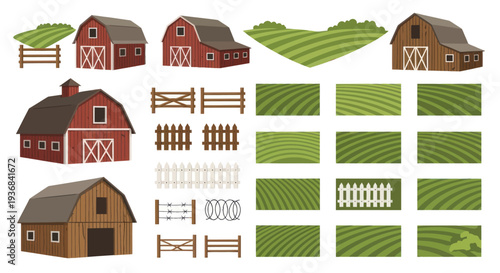 Collection of Farm Buildings Fences and Green Fields in Vector Format.