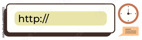 Web browsing, online communication, internet search, conceptual design, time management, and digital connections. Search bar with HTTP input, clock and speech bubble. Web browsing and online