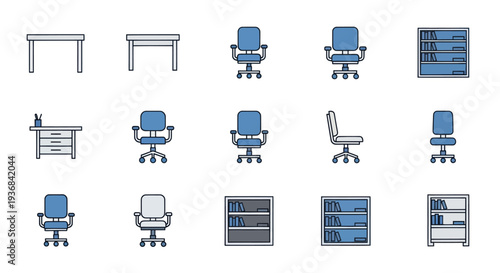A collection of office furniture icons including blue swivel chairs desks and filing cabinets in a clean line art style.
