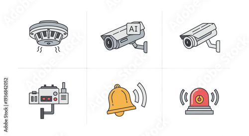Collection of Security System Icons: Surveillance Cameras Alarms and Detectors.