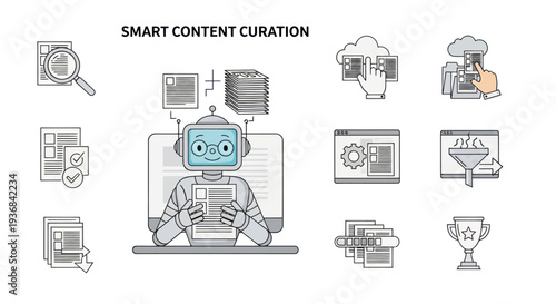 Robotic AI assistant curating content with digital tools and data analysis.