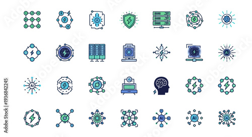 Collection of Abstract Technology and Data Icons in Blue and Green.