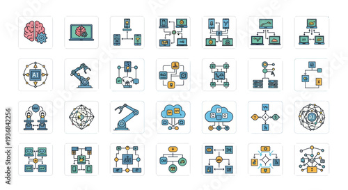 Colorful flat line icon set for artificial intelligence machine learning data processing and robotics.