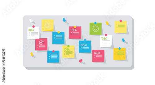 Office bulletin board with colorful reminder sticky notes pinned with various thumbtacks.