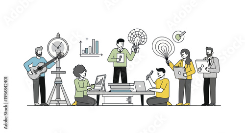 Diverse team collaborating on a creative project with brainstorming and musical elements.