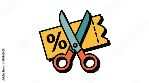 Scissors cut a coupon with a percentage sign on it illustration
